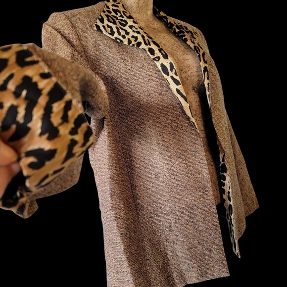 Vintage Silk Womens Tweed Blazer With Leopard Print Lapel & Cuffs - Picture 3 of 13